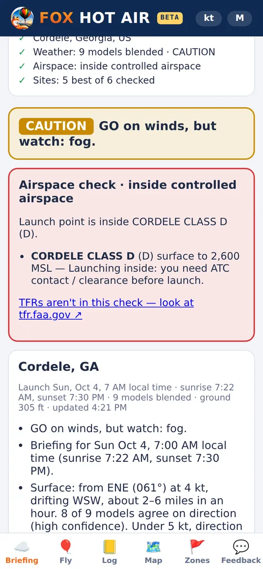Fox Hot Air briefing: CAUTION, GO on winds but watch fog, with the FAA airspace check and summary