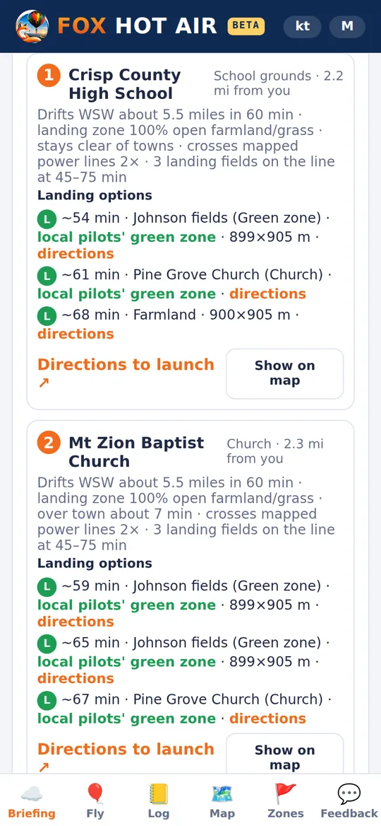 Recommended launch site with landing options in a local pilots' green zone and at a church