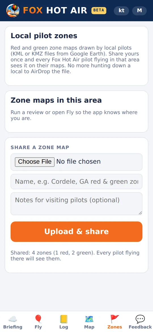 Zones tab with a local pilot's red and green zone map shared with every pilot