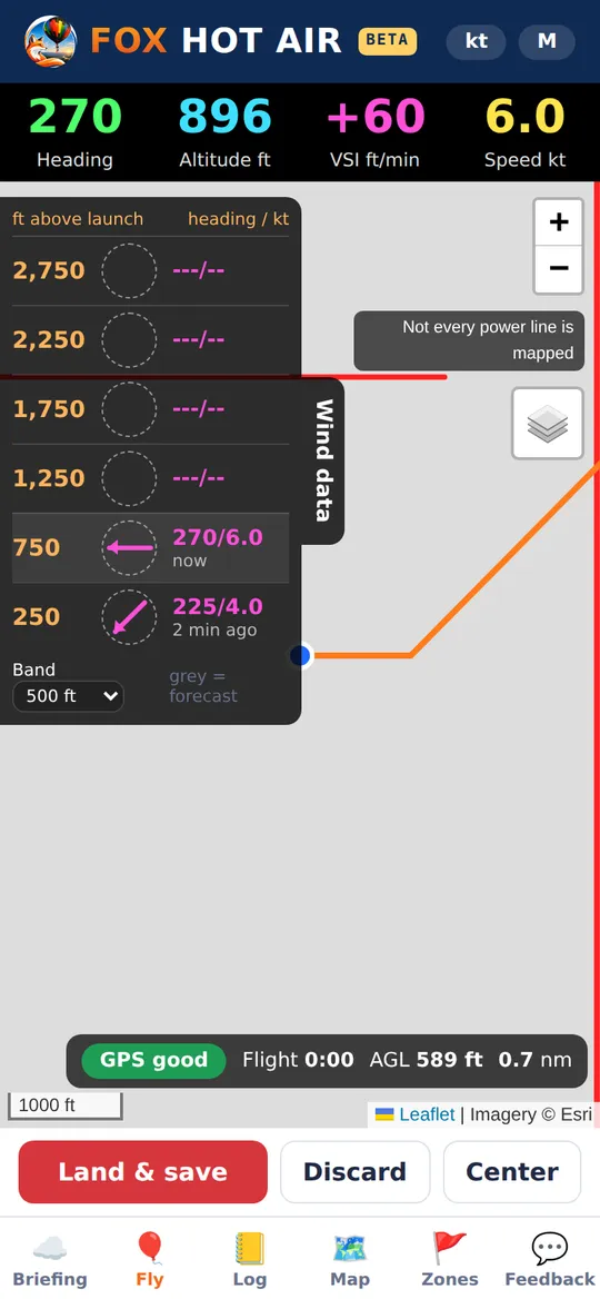 Real-time screen with heading, altitude, climb rate, speed and measured winds by altitude band