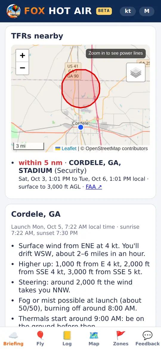 TFRs nearby: a map with the TFR in red near the launch point, and its name, local times and altitudes